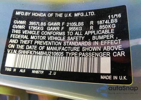 2017 Honda Civic Sport from USA, damaged, VIN SHHFK7H48HU210605